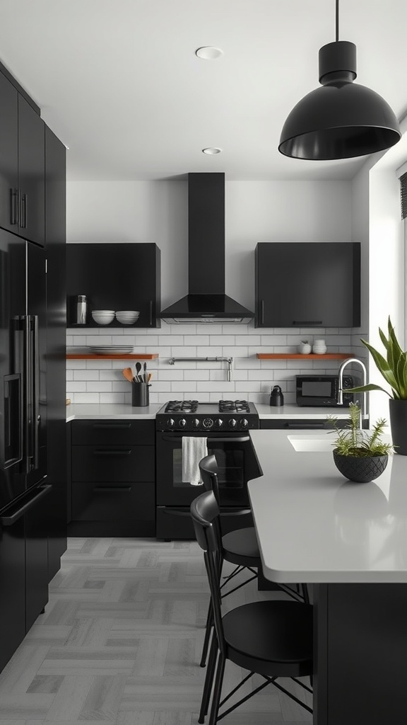 A stylish black kitchen featuring black cabinets, a white countertop, and modern decor.