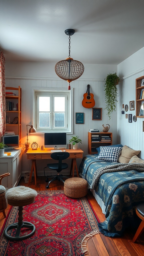 A cozy bohemian bedroom featuring a workspace and relaxation area