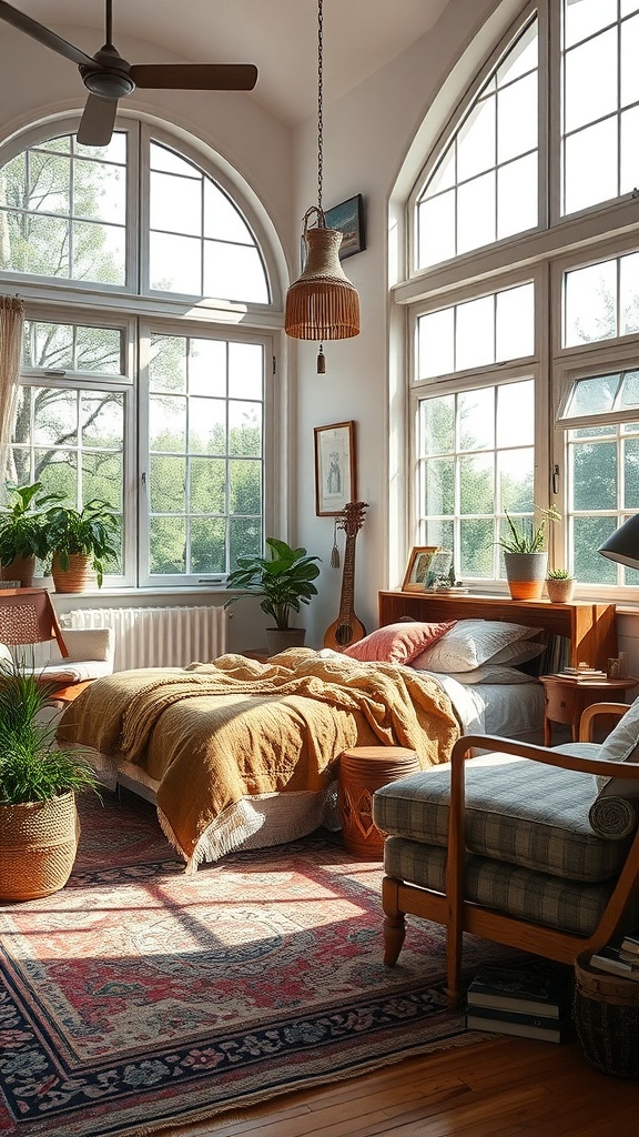 A bright bohemian bedroom with large windows, plants, and vintage decor.