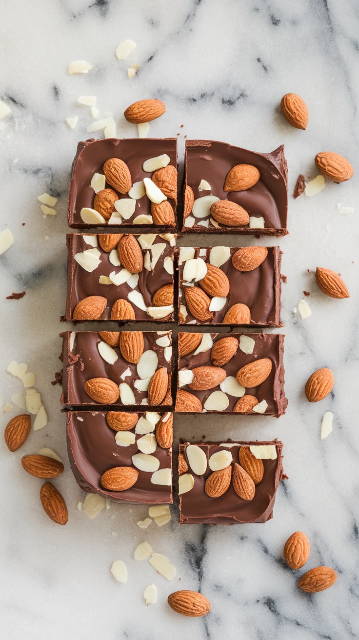 No-Bake Chocolate Almond Bars on a marble surface