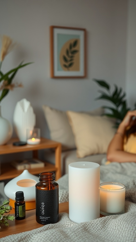 A cozy aromatherapy setup with essential oils and candles.