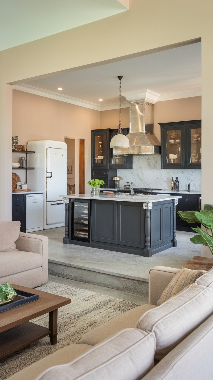 A modern luxury kitchen featuring an open concept layout with a stylish island and elegant design.