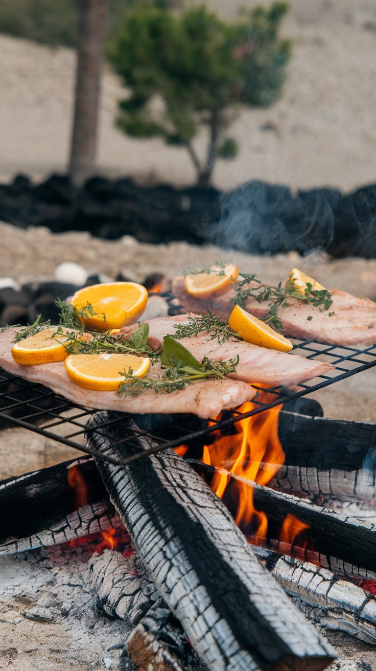 Grilled fish fillets with herbs and citrus slices over an open flame.