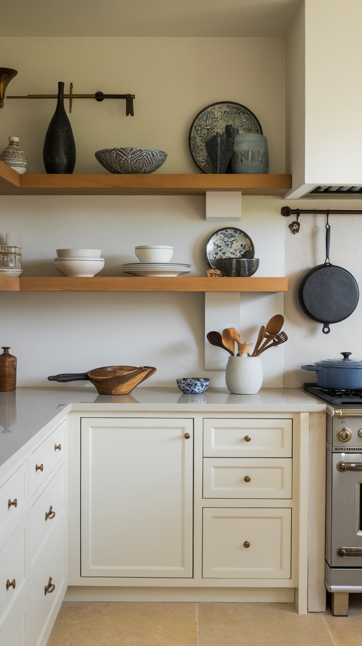 Open shelving in a modern luxury kitchen displaying various bowls and utensils.