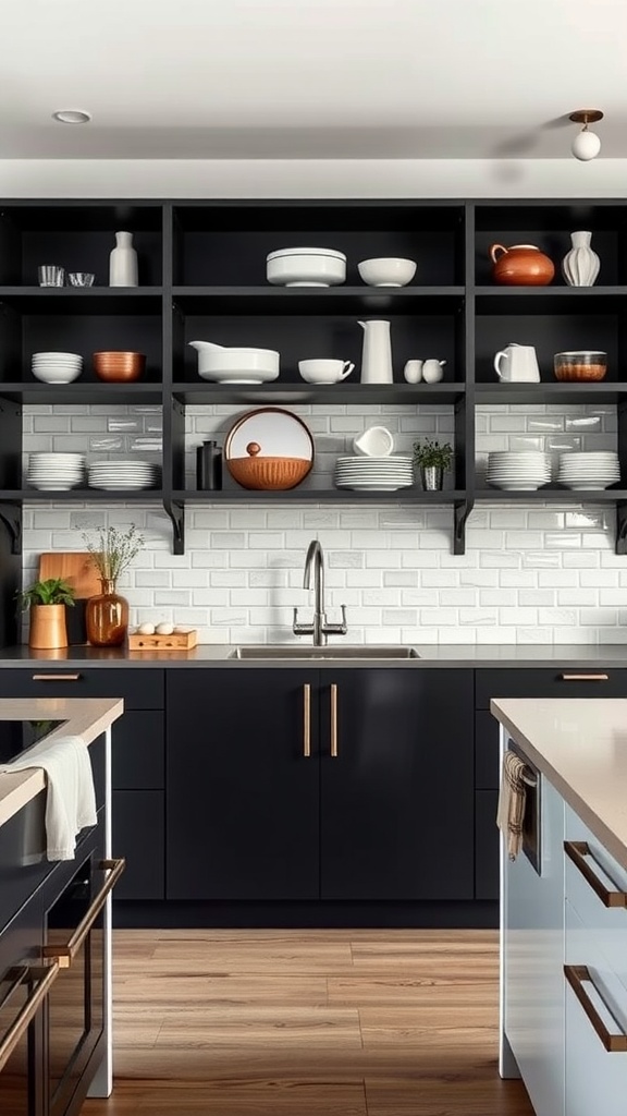 Modern kitchen with open matte black shelving displaying white and copper dishware.