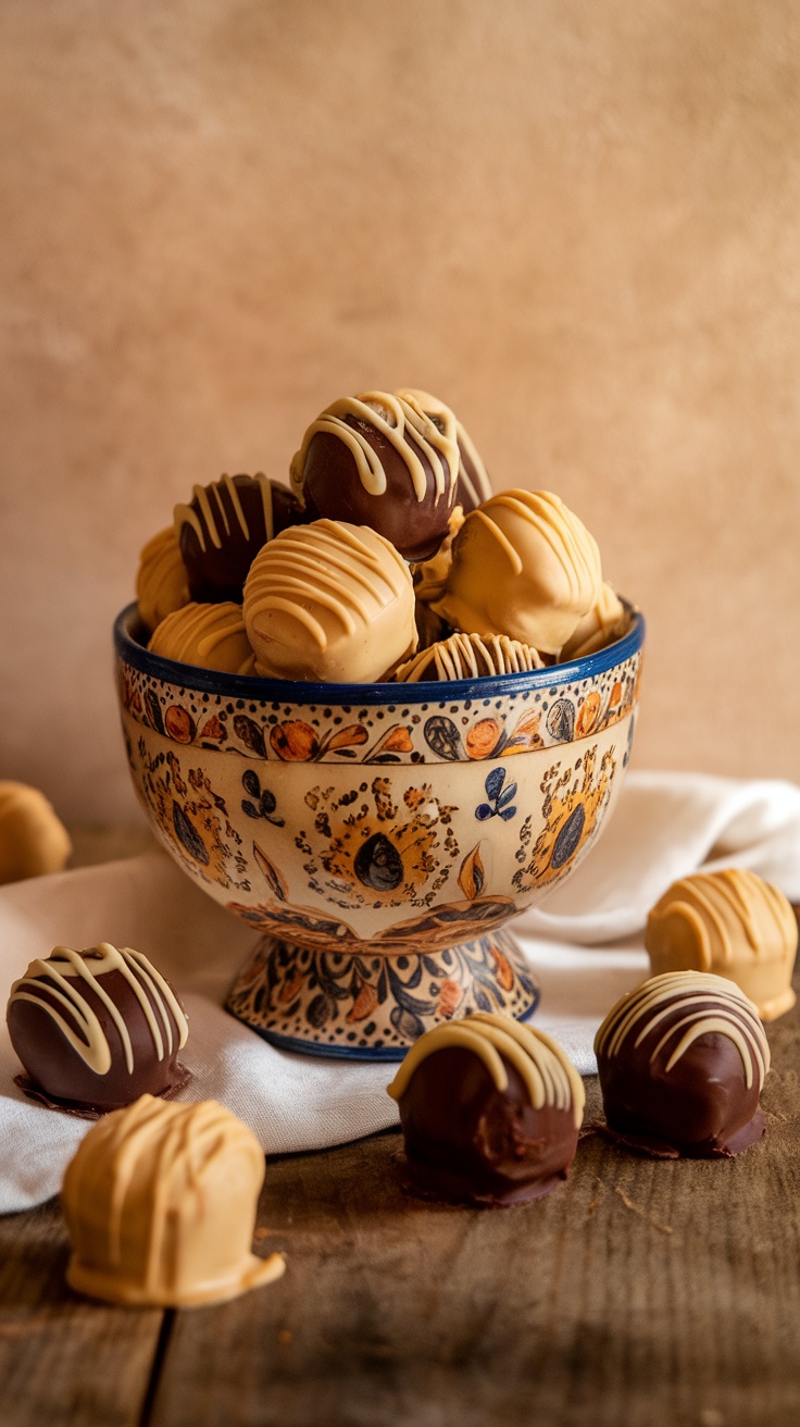 A bowl filled with peanut butter chocolate fat bombs, showcasing their rich texture and delectable appearance.