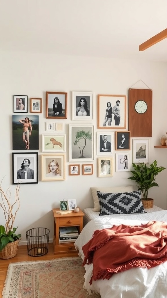 A cozy bohemian bedroom with a personalized art display on the wall.