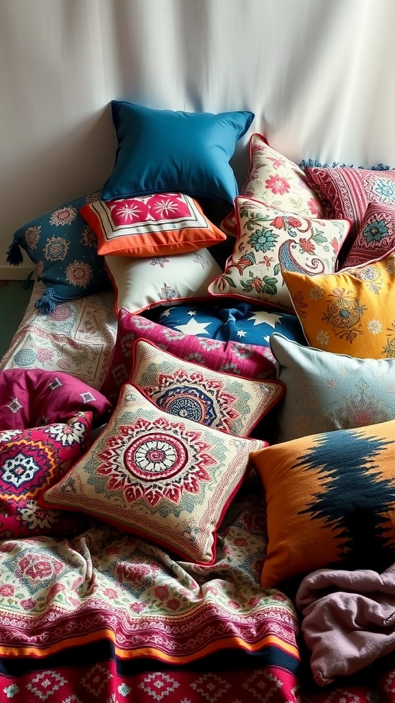 A colorful assortment of pillows and cushions arranged in a cozy setting.