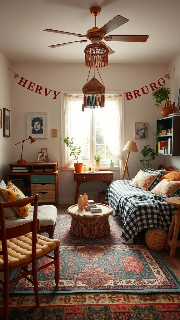 Playful furniture arrangement in a bohemian bedroom with a mix of vintage and cozy elements.