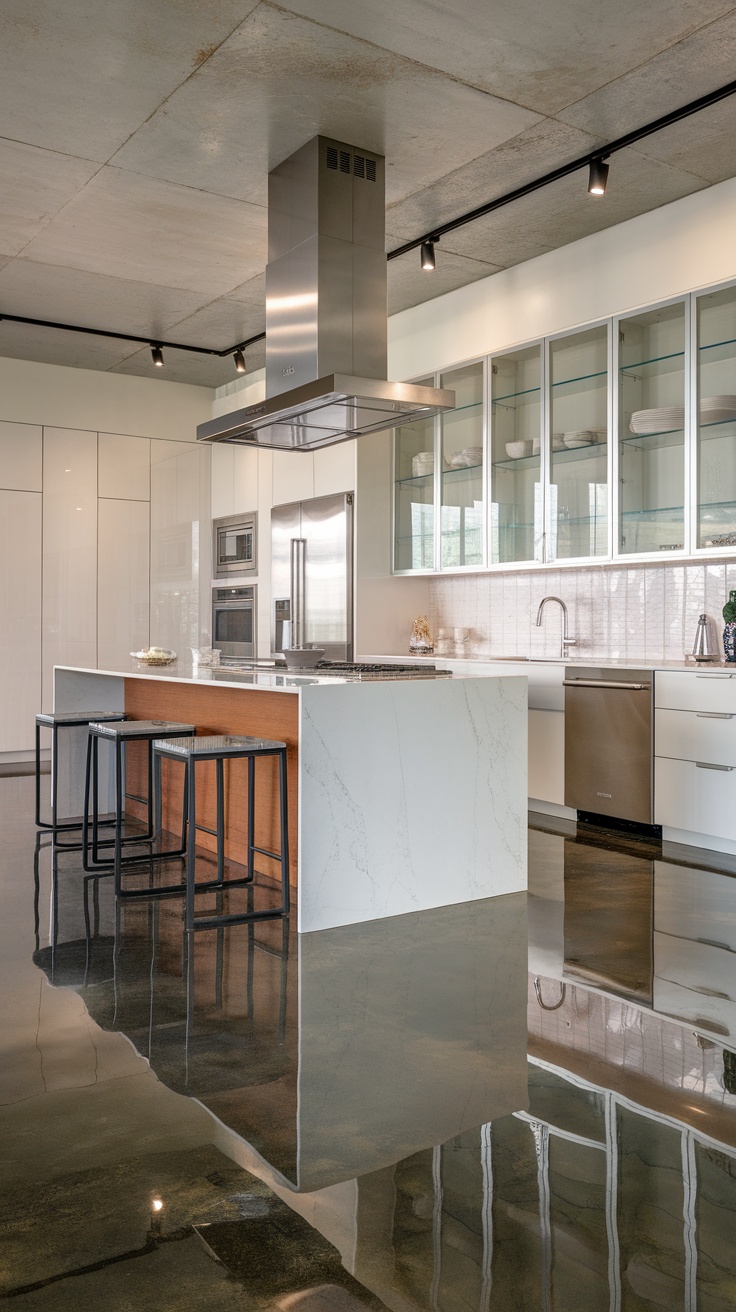 A modern luxury kitchen featuring polished concrete floors and sleek cabinetry.