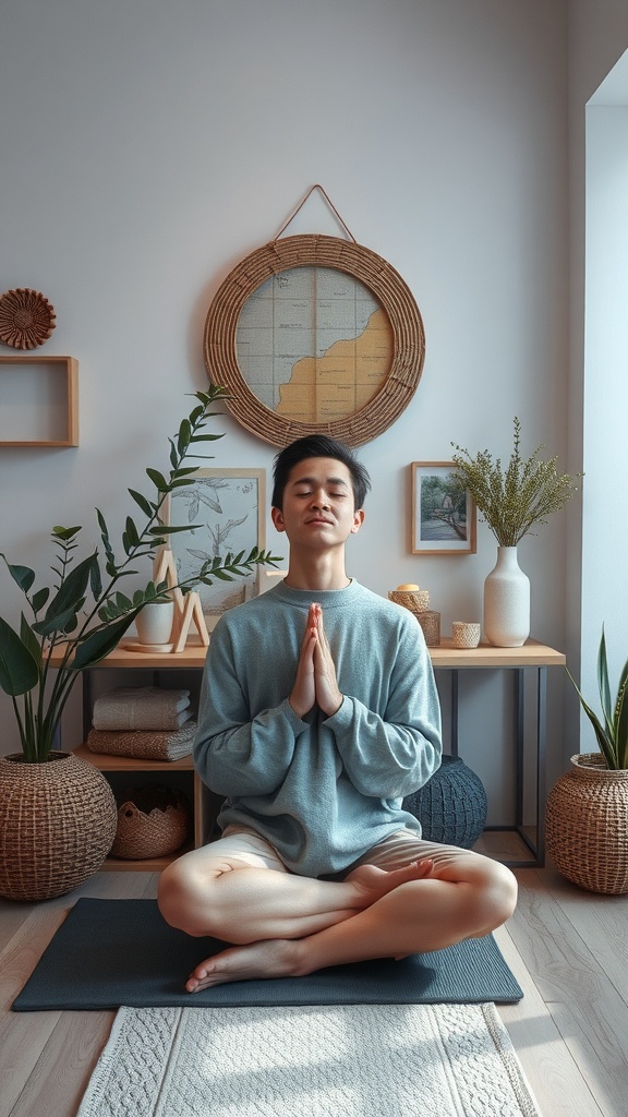 A person practicing deep breathing exercises in a cozy, plant-filled room