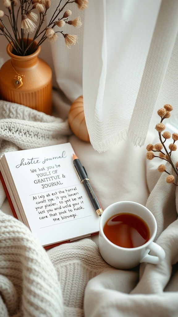 A cozy scene featuring an open gratitude journal, a cup of tea, and dried flowers, creating a warm atmosphere for reflection.