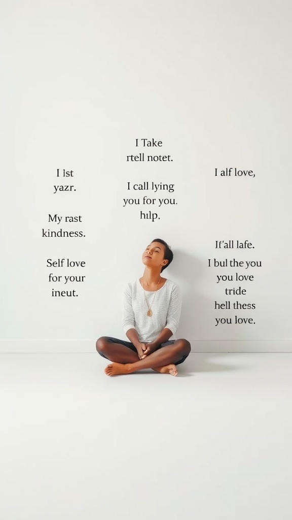 A person sitting calmly in a peaceful environment, surrounded by uplifting affirmations about self-love and kindness.