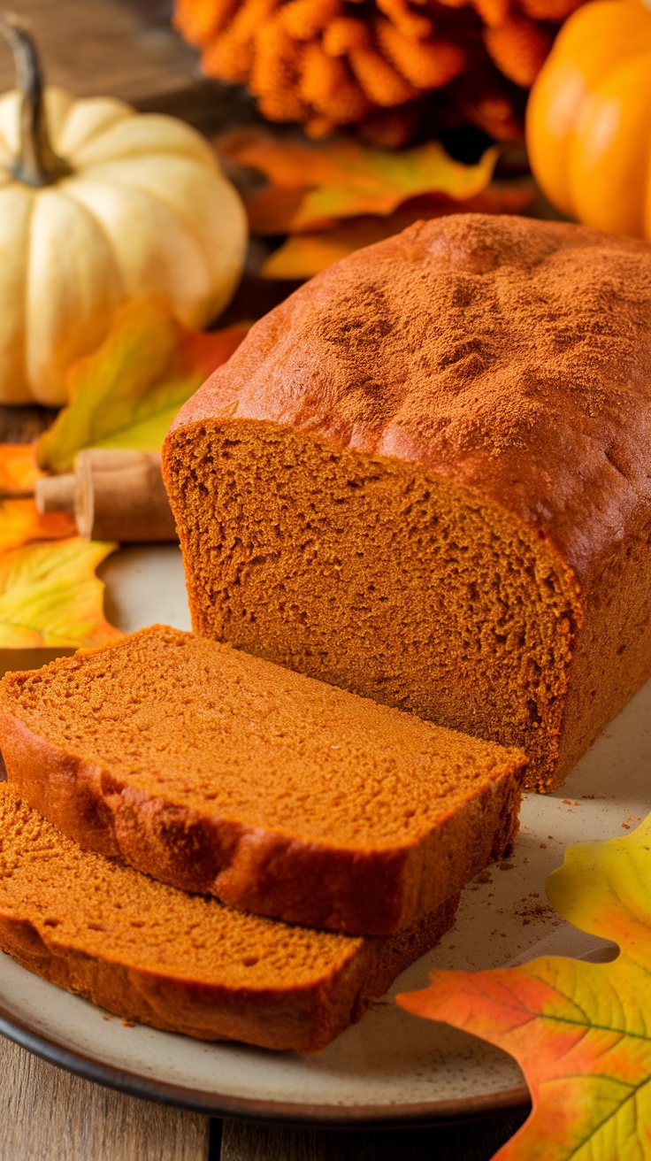 A loaf of pumpkin spice keto bread sliced on a plate, surrounded by autumn leaves and decorative pumpkins.