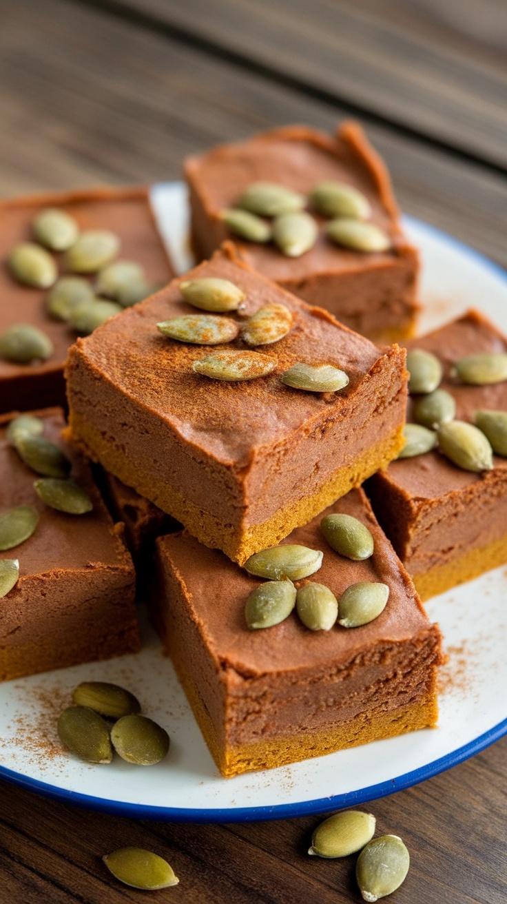 Delicious pumpkin spice keto brownies topped with pumpkin seeds.