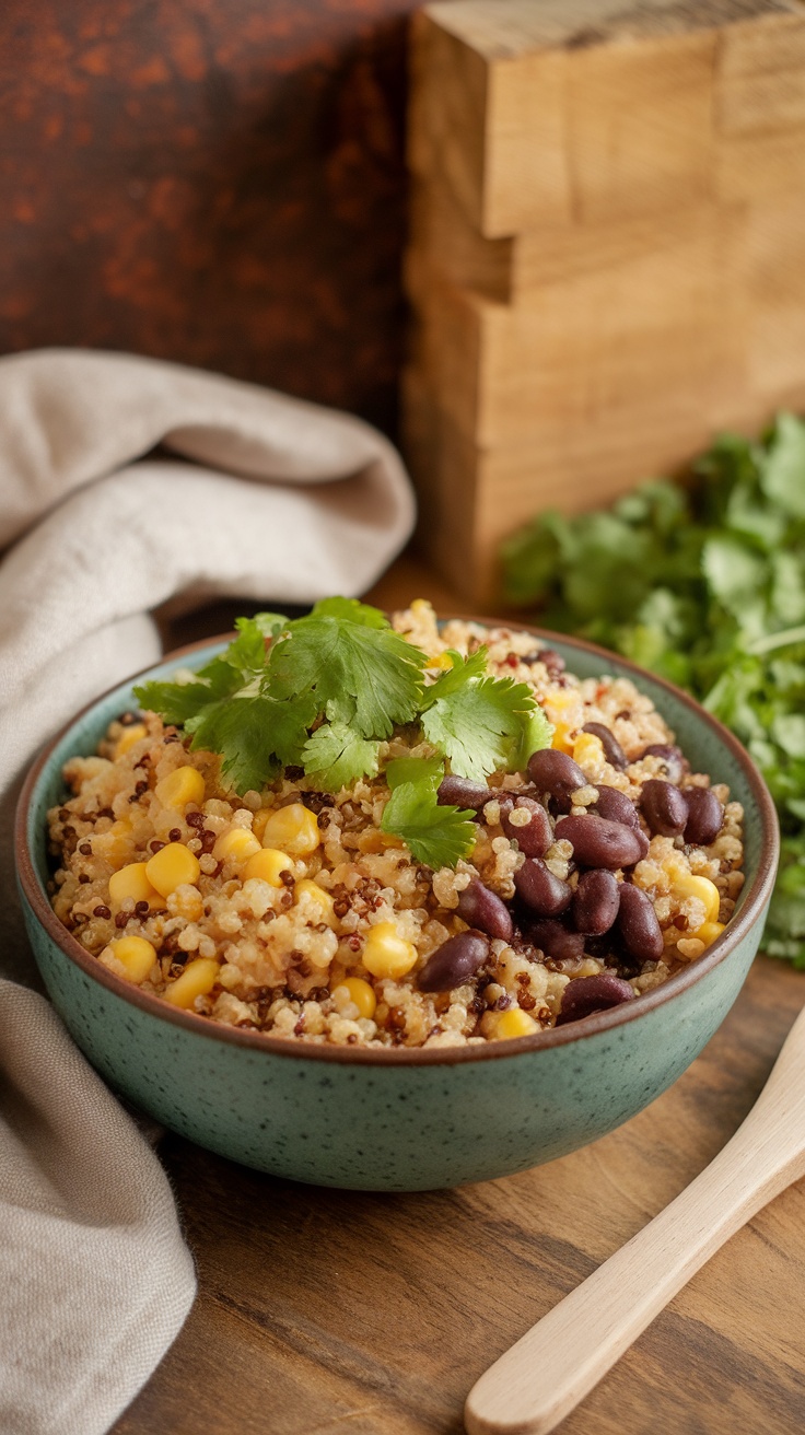 A quinoa and black bean bowl garnished with cilantro, featuring corn and a wooden spoon.