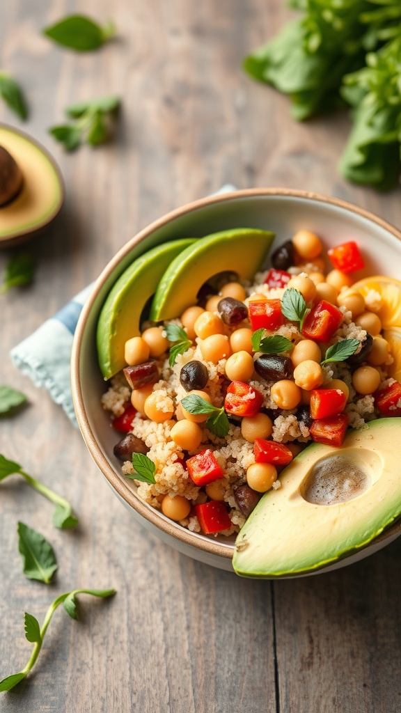 A bowl of quinoa salad with chickpeas, avocado, and colorful vegetables on a wooden table.