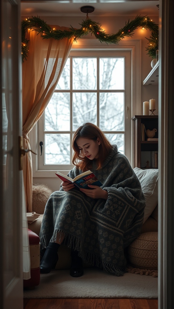 A person reading a book while wrapped in a blanket next to a window with a snowy landscape outside.