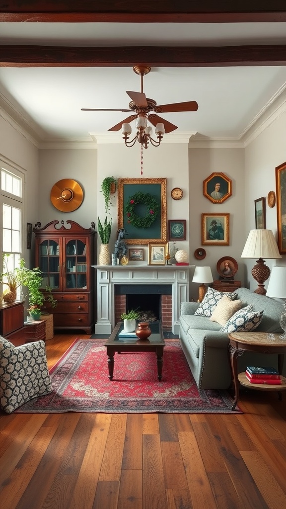 A cozy Victorian-style living room featuring vintage decor, a fireplace, and warm wooden accents.