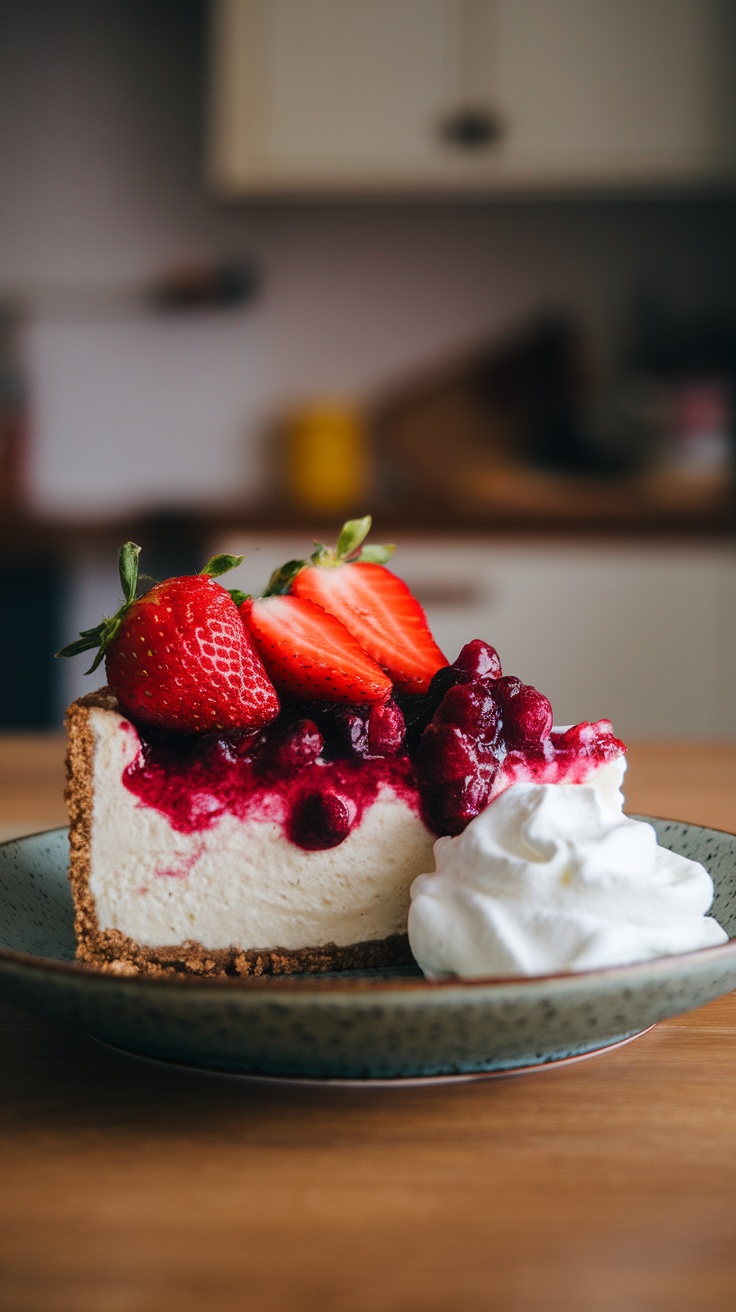 A slice of keto cheesecake topped with berry sauce and fresh strawberries on a plate.