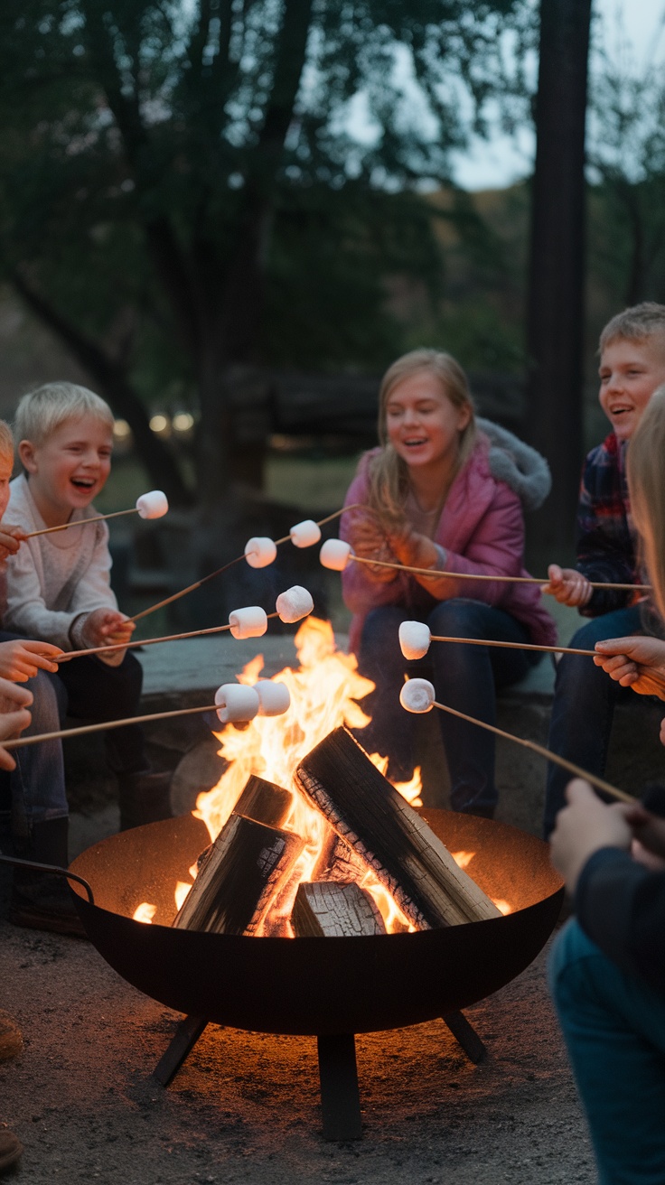 A group of children roasting marshmallows over a fire pit, smiling and enjoying the moment.