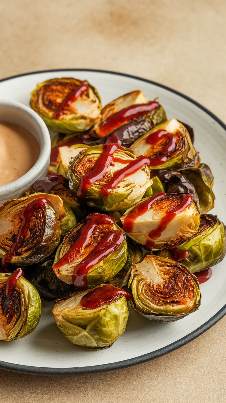 Plate of roasted spicy Brussels sprouts with sauce