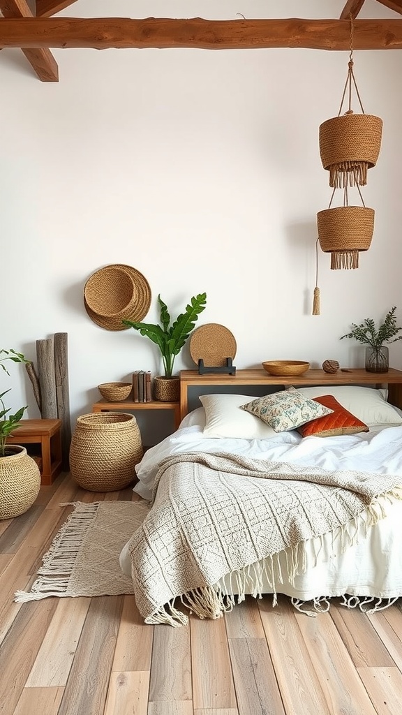 A cozy bohemian bedroom featuring rustic wood elements.