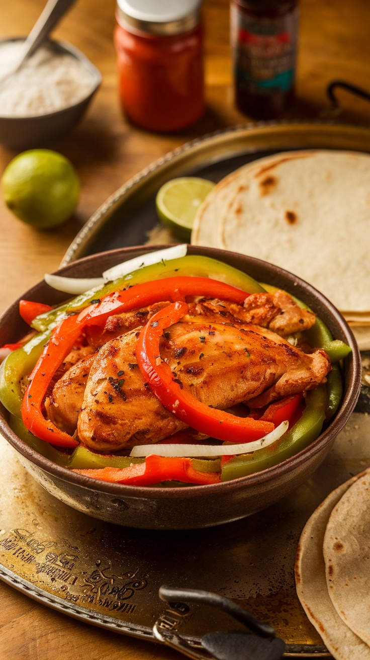 A bowl of air fryer chicken fajitas with colorful vegetables and tortillas.