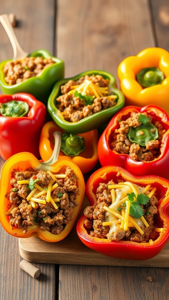 Savory beef and cheese stuffed bell peppers in colorful bell peppers