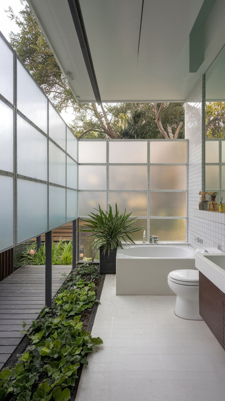 Modern bathroom with glass walls and greenery