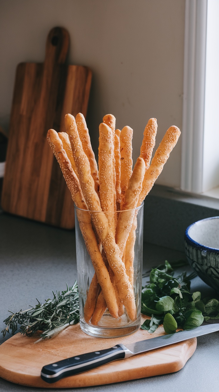 A glass of sesame seed breadsticks on a wooden cutting board with fresh herbs.