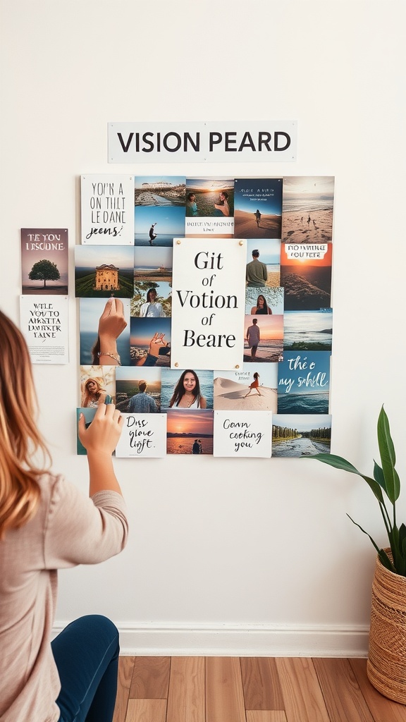 A person creating a vision board filled with motivational images and quotes.