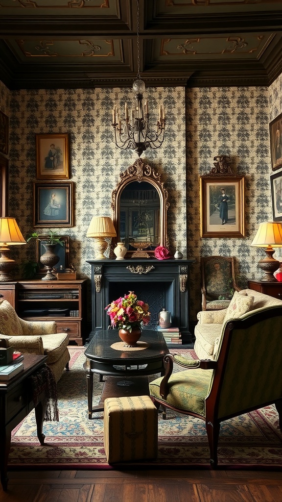 A cozy Victorian-style living room featuring elegant decor, vintage furniture, and patterned wallpaper.