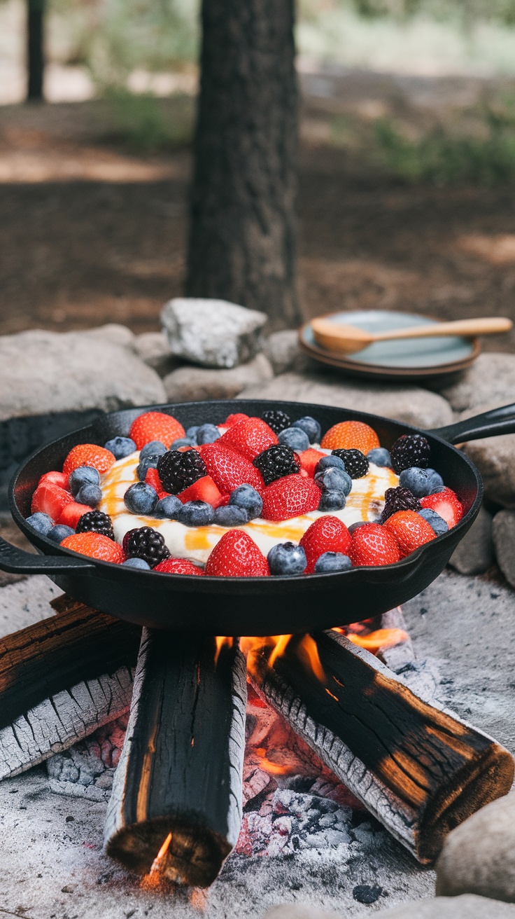 A delicious skillet dessert made with mixed berries and yogurt, cooking over an open flame.