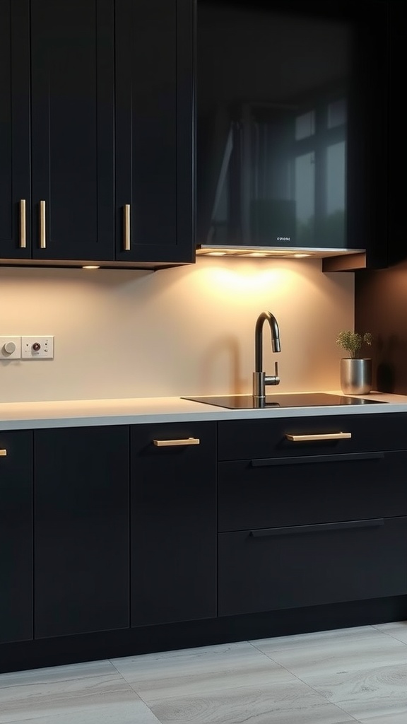 A modern kitchen featuring sleek black cabinetry with gold handles and a light backdrop.