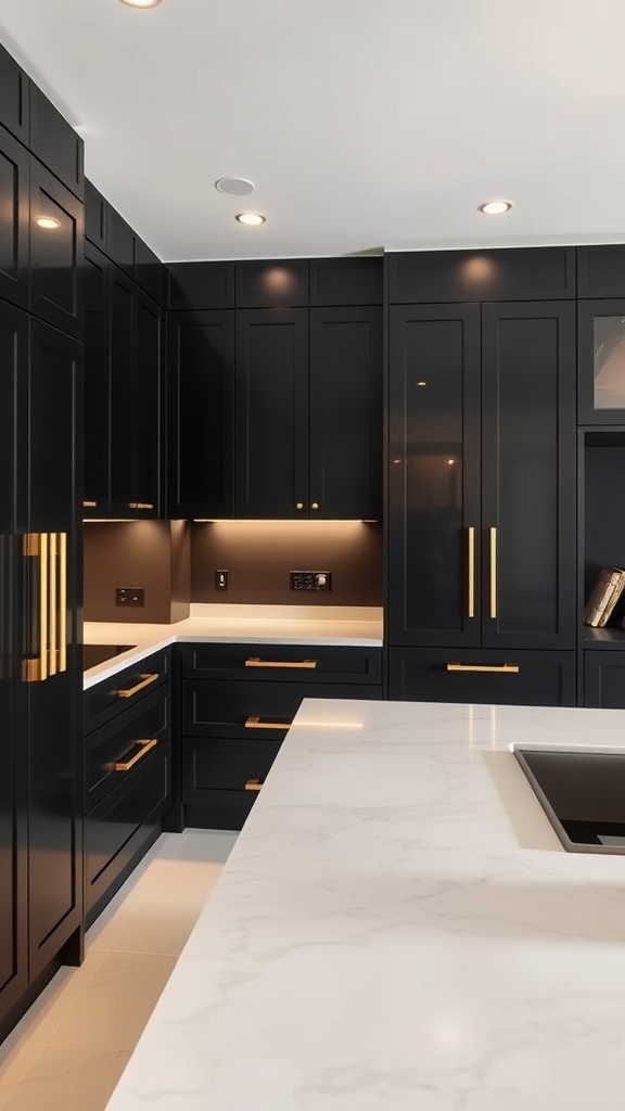 A modern kitchen featuring sleek black cabinets with gold handles and a white marble countertop.