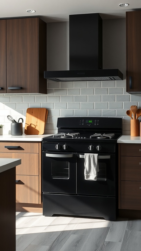 A sleek black range and oven in a modern kitchen with wooden cabinets.