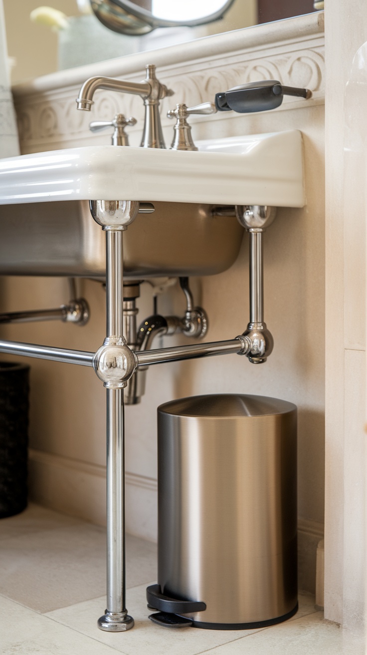 A close-up of metallic bathroom fixtures, including a stylish sink faucet and a trash can.