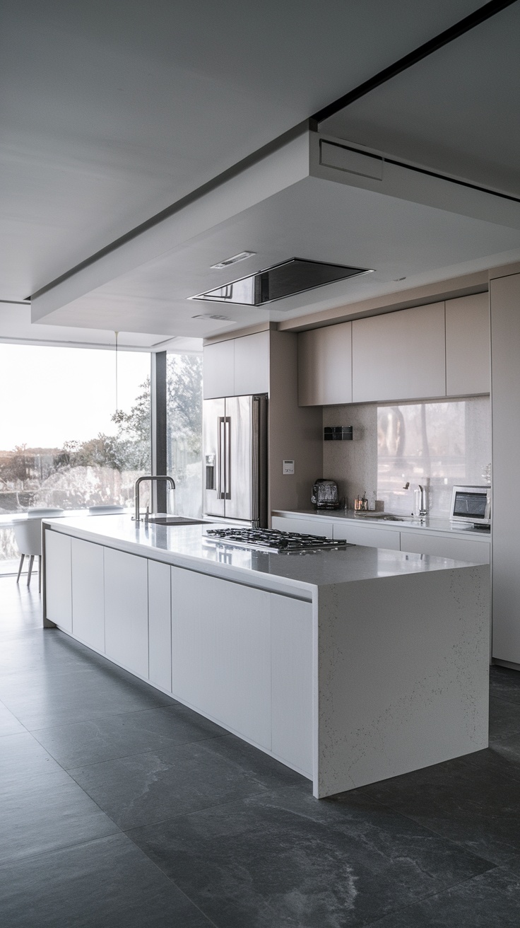 A sleek and modern minimalist kitchen featuring clean lines and a spacious layout.