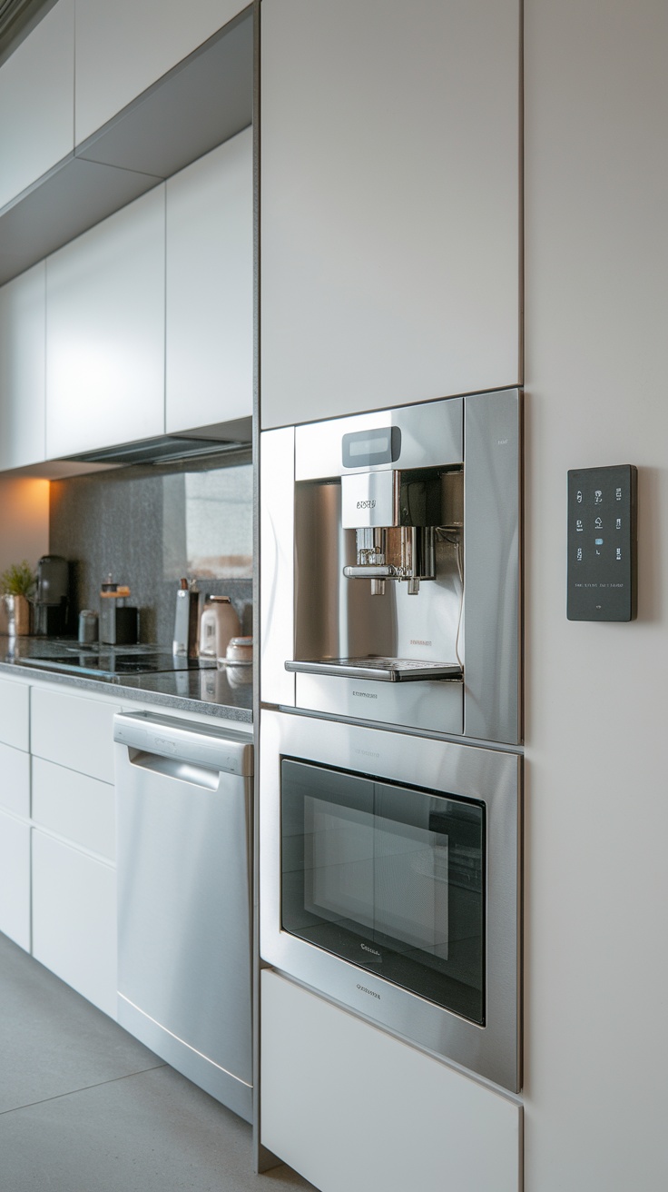 A sleek modern kitchen featuring integrated appliances and smart technology.