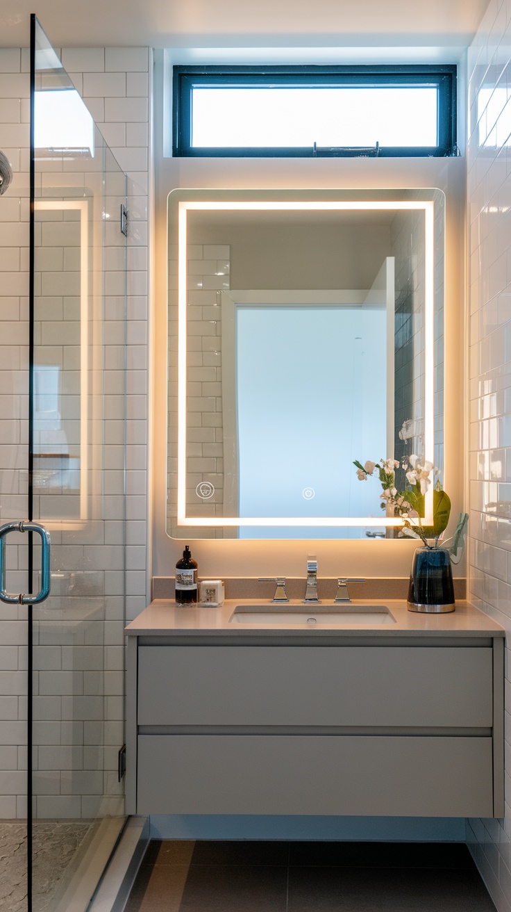 A modern bathroom featuring a smart mirror with built-in technology and stylish decor.