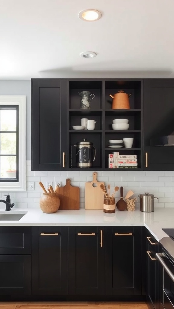 A modern black kitchen featuring smart storage solutions with open shelving and black cabinets.