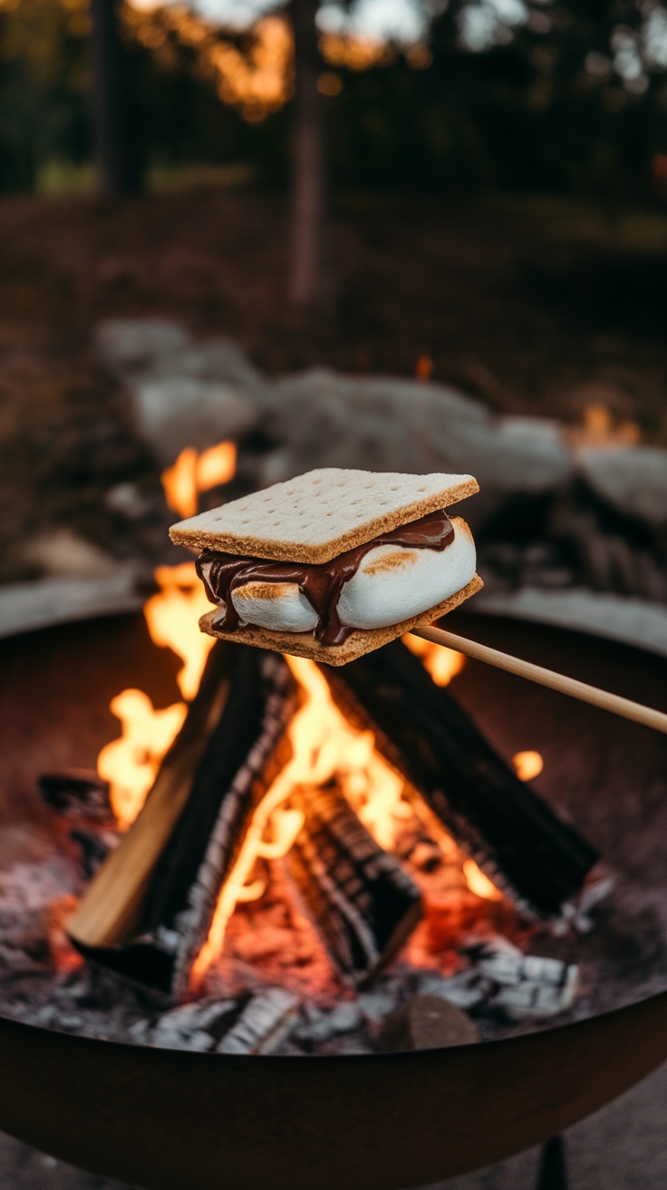 A delicious s'more being held over a campfire.