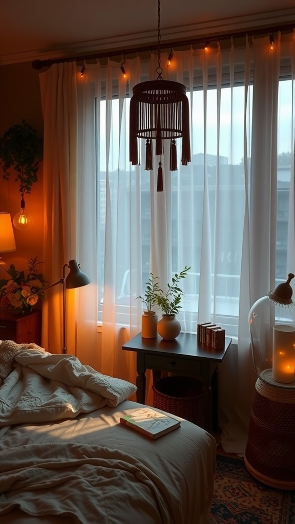 A cozy bohemian bedroom with soft ambient lighting, featuring warm hues and plants.