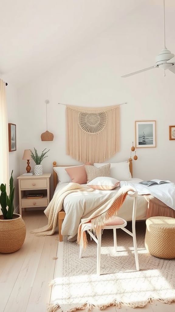 A bohemian bedroom featuring soft pastel colors and a cozy, minimalist design.