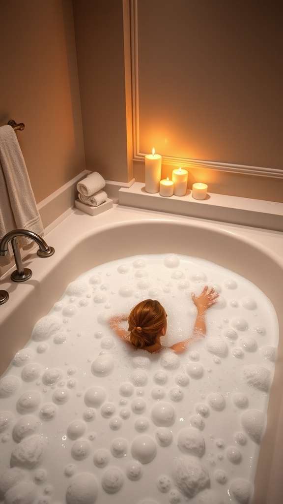 A person relaxing in a bubble bath with candles lit around them.