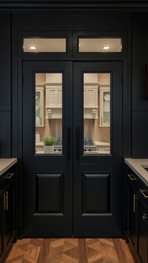 Sophisticated black pantry doors with clear glass panels, showing a glimpse of a modern kitchen.