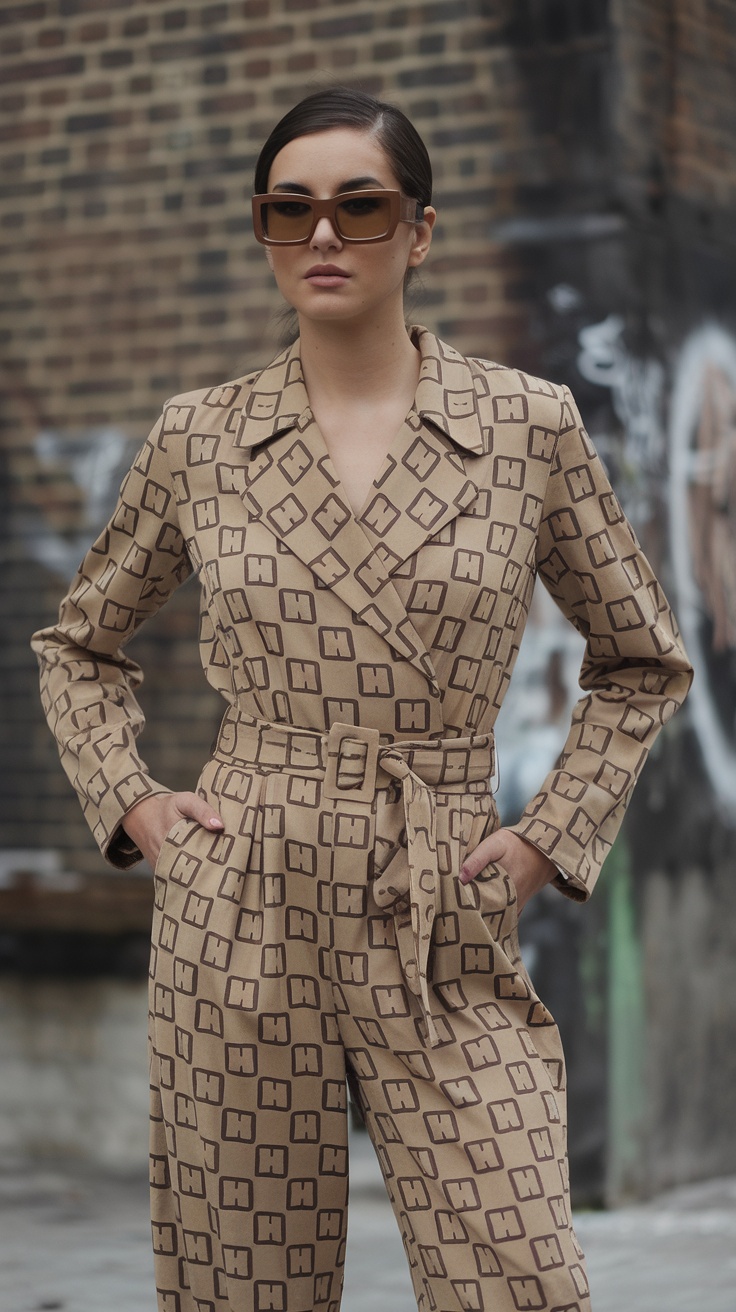 A woman in a patterned belted jumpsuit with sunglasses, posing confidently against a brick wall.