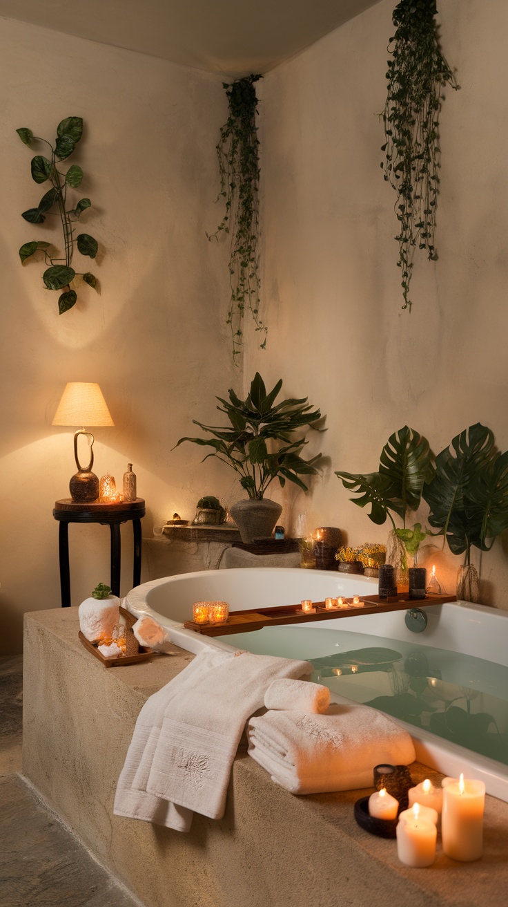 A serene bathroom with a soaking tub, candles, and plants for a spa-like atmosphere.