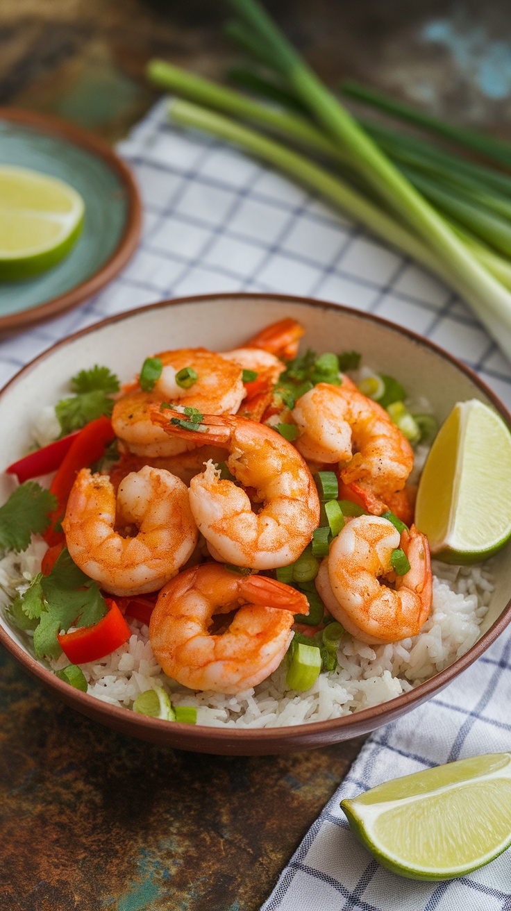 A bowl of spicy air fryer shrimp served over rice with lime wedges and vegetables.